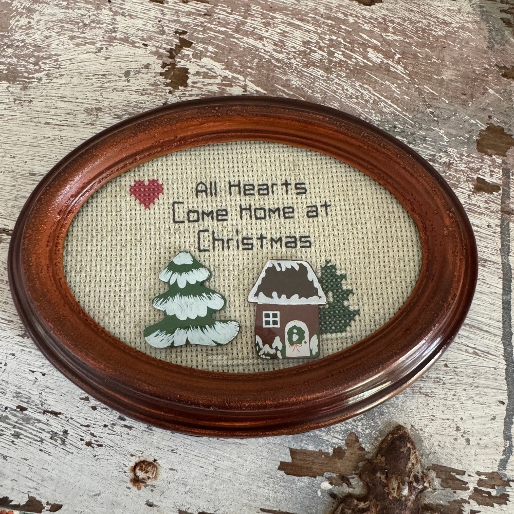 Vintage Rustic Christmas Cross Stitch Oval Framed Wall Art All Hearts Come Home
